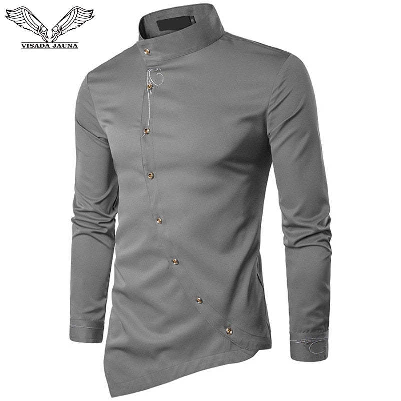 VISADA JAUNA 2019 New Men Fashion Long Sleeved Muslim Shirt Solid Slim Fit Business Shirts Men Casual Irregular Dress Camisas