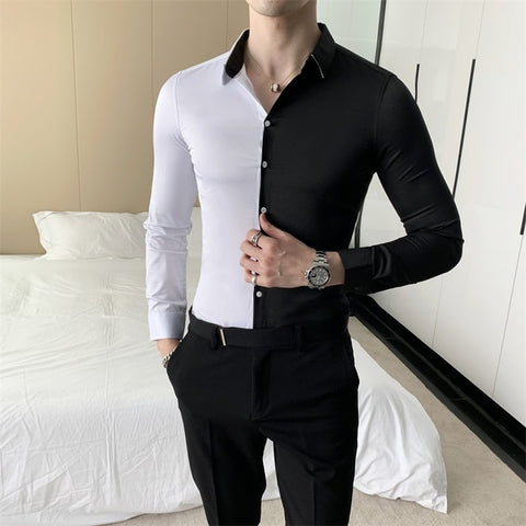 British Style Patchwork Color Shirt Men Fashion 2020 Long Sleeve Men Casual Shirts Simple All Match Slim Fit Tuxedo Dress 3XL-M