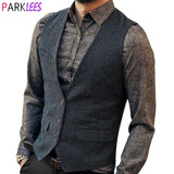 Men's Gray Herringbone Tweed Dress Vest Retro Vintage Gentleman Waistcoat Men Formal Business Sleeveless Vests Male Gilet 3XL